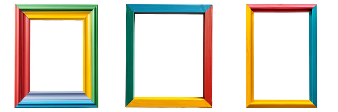 Three vibrant multicolored wooden picture frames isolated on a transparent background, ideal for interior design concepts or creative projects