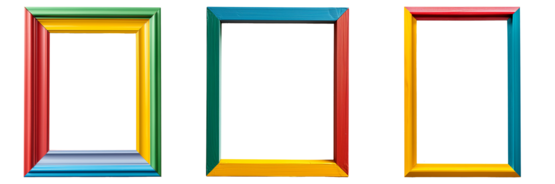 Three vibrant multicolored wooden picture frames isolated on a transparent background, ideal for interior design concepts or creative projects