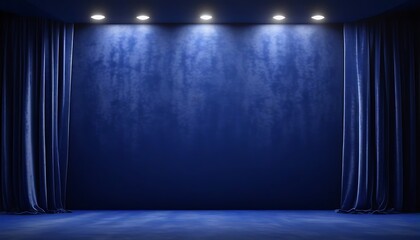 Blue stage with blue velvet curtains background  - obrazy, fototapety, plakaty