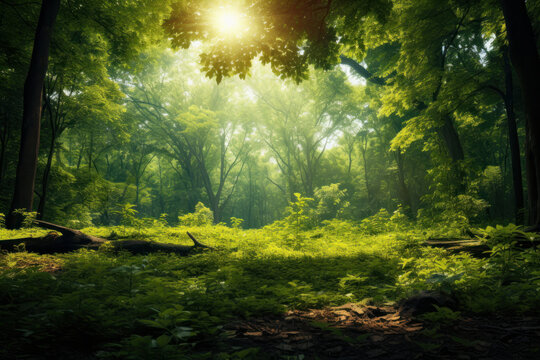A tranquil oasis in nature this sunlit park scene showcases green trees and a serene atmosphere providing a vibrant connection with the outdoors. AI generative.