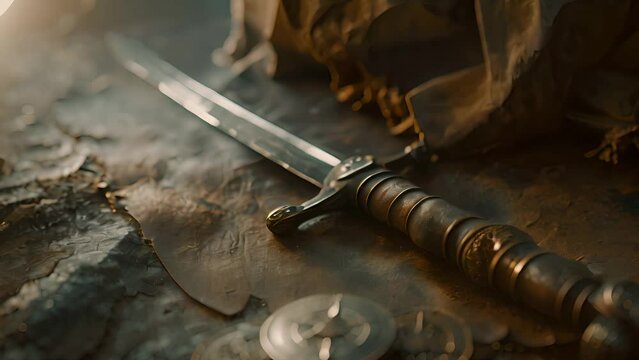 Fantasy background. Medieval sword and coins.
