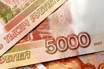 Close-up of Russian banknotes. Five thousand bill. Close-up