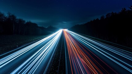 An endless stream of light trails created by cars speeding along the highway gives a sense of motion and energy to the still night scene