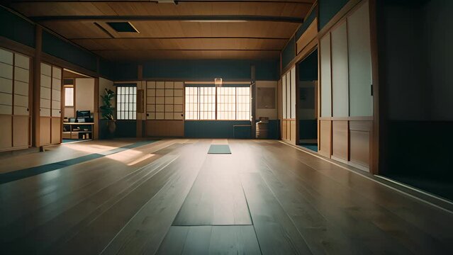 Traditional interior for dojo or karate school hall. Spacious room for martial arts practicing. 