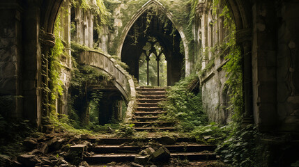a hauntingly beautiful scene of an abandoned ruin overtaken by nature, - obrazy, fototapety, plakaty