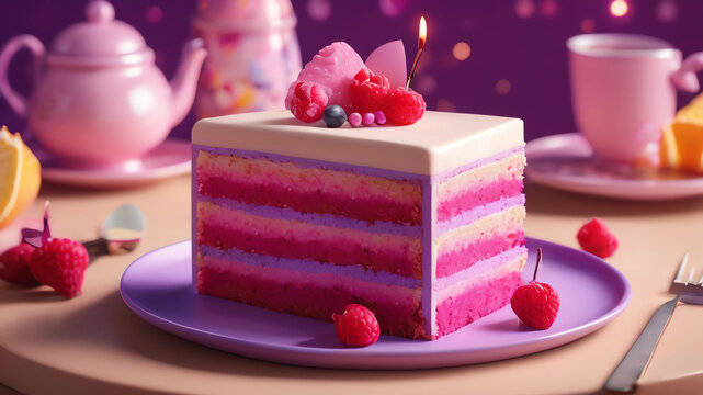 Pink and purple slice of cake, or slice, in the style of kawaii aesthetic, unreal engine 5, enchanting lighting, hyper - realistic oil, cranberrycore, ivory, flickr