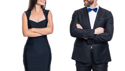 Woman and man at occasion date. Romantic love. Valentines day. Elegantly dressed couple. Formal man and woman. Couple is posing. Elegant couple in formal clothes isolated on white. Stylish pair