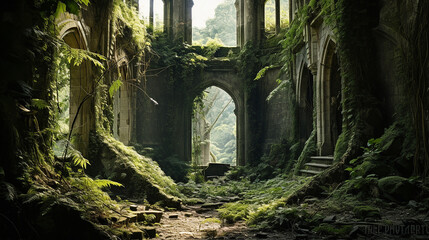 a hauntingly beautiful scene of an abandoned ruin overtaken by nature