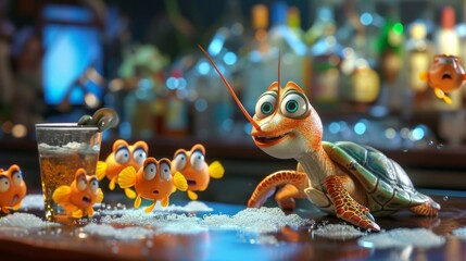 Cartoon scene of a shrimp telling jokes to a group of amused fish while a weary looking sea turtle serves as the bartender and rolls his eyes at a particularly punn