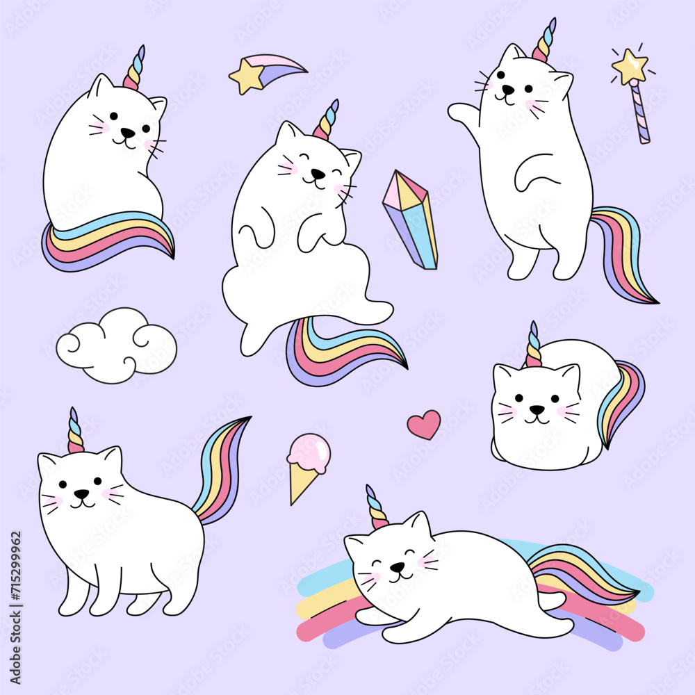 Poster Cat unicorns, set of cartoon style illustrations, Fantasy cute rainbow illustrations