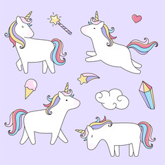 Unicorns, set of cartoon style illustrations, fantasy horses, cute rainbow illustrations