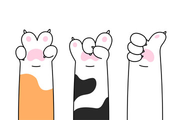 Cat paws showing peace, victory, rock, cool signs, gestures. Comic, cartoon style illustrations, vector doodle drawing