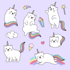 Cat unicorns, set of cartoon style illustrations, Fantasy cute rainbow illustrations