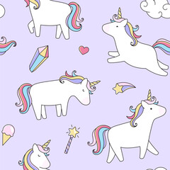 Unicorns seamless pattern. background, cartoon style illustrations, fantasy horses, cute rainbow illustrations