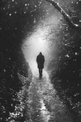 Fototapeta premium A depiction of a solitary figure walking on a path, symbolizing the journey of self-discovery.