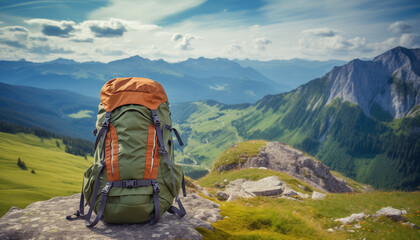 Colorful hikers backpack on green slope, scenicmountains landscape in background