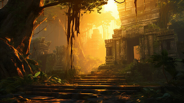 a serene image of an ancient temple in a lush jungle