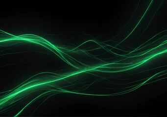 3d render, abstract wallpaper. Green neon lines over black background. Streaming energy. Particles moving and leaving glowing tracks. Illustration