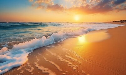 Sunset on tropical summer beach with soft sand and crystal clear ocean waves