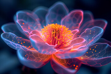 A depiction of an ethereal digital flower, blooming with vibrant, neon-colored light petals.