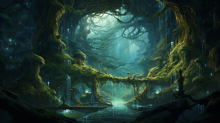 a whimsical fantasy scene showing a lush enchanted enchanted forest with mythical creatures - obrazy, fototapety, plakaty
