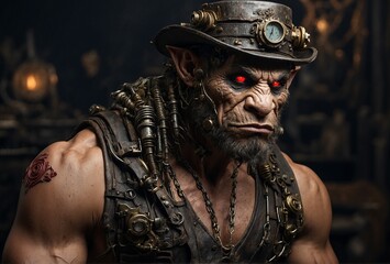 An exceptionally crafted dieselpunk troll captured in a stunning photograph. A mix of beauty and ruggedness, the troll's metallic body shines with tarnished bronze and copper hues