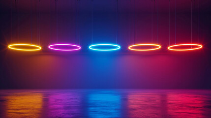 An illustration of a series of neon rings suspended in mid-air, each glowing in a different hue.