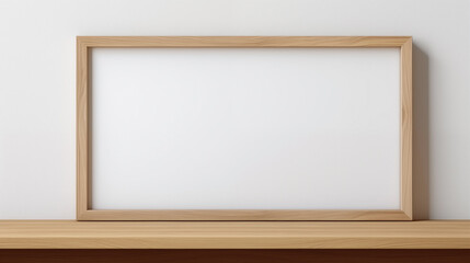 Cozy interior with empty wooden mockup frame on a shelf
