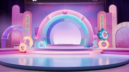 Cute TV show stage with soft shapes and shiny, round center. A happy background makes the light-up stage perfect for children. 