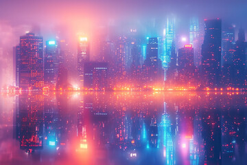 A portrayal of a futuristic neon skyline, with abstract buildings casting vibrant reflections.
