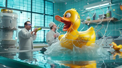 Cartoon scene In a laboratory a group of scientists is conducting experiments on a captured alien when suddenly a giant rubber duck crashes through the window an - obrazy, fototapety, plakaty
