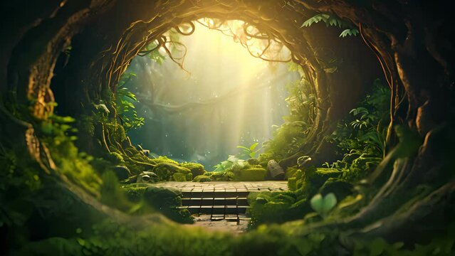 Fantasy mysterious tunnel with blooming flowers in the forest. Spring background.
