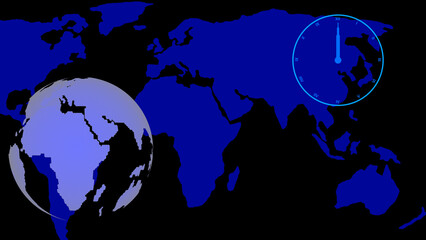 Global business concept with world map clock and bar graph indicating growth or time zones on a color background.