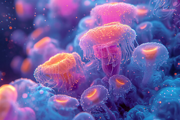 An image of a fantastical neon microbe, with surreal shapes and vivid colors.