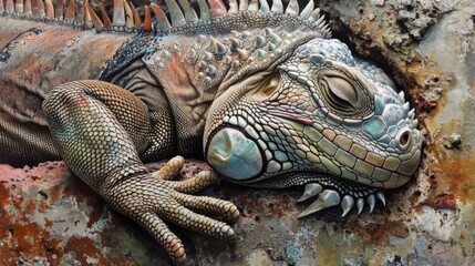 Fototapeta premium Closeup of the textured skin of an iguana perfectly blending in with the rugged rocky surface it rests on