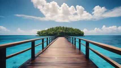 Wooden jetty over a turquoise sea with white sand leading to a tropical island. Summer mood.