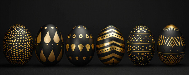 Easter eggs lying in a row with black and gold decor on a dark plain background. Flat lay, top view. Banner, card with place for text, religious holiday. Free copy space