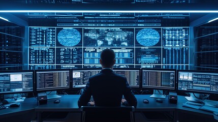 Professionals work in a high-tech security operations center, vigilantly monitoring and responding to real-time cybersecurity threats on multiple screens.
 - obrazy, fototapety, plakaty