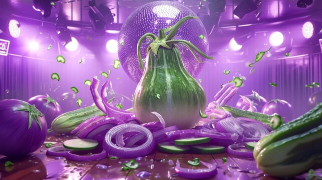 A disco ball made of sliced onions with an ecstatic eggplant on the dance floor surrounded by cucumber slices breakdancing