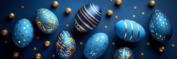 A group of Easter eggs with blue and gold decoration on a blue background. Flat lay, top view. Banner, card with place for text, religious holiday. Free copy space, illustration
