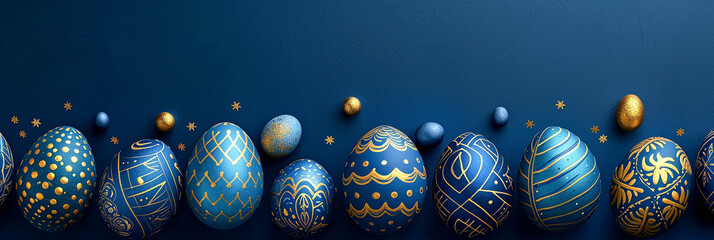 A group of Easter eggs with blue and gold decoration on a blue background. Flat lay, top view....