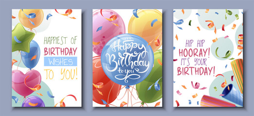 Set birthday greeting card design. Banner, flyer template with colorful balloons, confetti and serpentine. Happy birthday Invitation design for holiday, anniversary, party