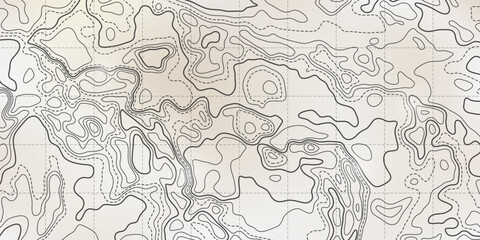 Ocean bottom topographic line map curvy wave isolines vector illustration. Sea depth topographic landscape surface for nautical radar readings. Cartography texture abstract banner relief ocean floor.