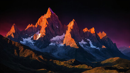 Sunset Glow Wall Art, Majestic Mountain Peaks Illuminated, Nature Landscape, Warm Glow, Rugged...