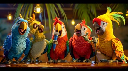 Cartoon scene A group of parrots sit at a table with one parrot holding a microphone and saying Why did the parrot refuse to tell jokes about chickens He didnt wan - obrazy, fototapety, plakaty