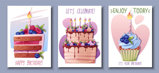 Set birthday greeting card design. Banner, flyer template with cupcake, cake decorated with cream, raspberries, blueberries and a candle. Happy birthday Invitation design for holiday, anniversary