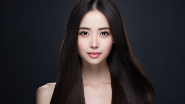 Beautiful Asian Chinese Woman Portrait Studio Photo Photography Profile Picture Young Model with Long Hair for Fashion Beauty Skincare Haircare Products on Dark Color Background 16:9