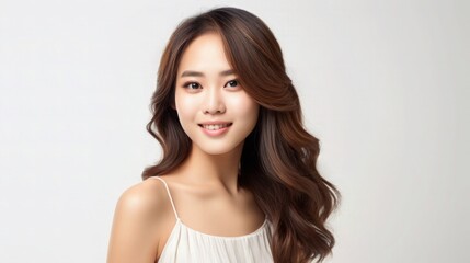 Beautiful Asian Chinese Woman Portrait Studio Photo Photography Profile Picture Young Model with Long Hair for Fashion Beauty Skincare Haircare Products on White Light Color Background 16:9