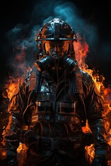 Fototapeta na wymiar Epic shot, fire fighter in flames standing on a black background, in the style of game wallpaper, chromepunk, hdr, ultra realistic, light cyan and red, epic composition, epic pose, vibrant colors, ult