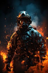 Epic shot, fire fighter in flames standing on a black background, in the style of game wallpaper, chromepunk, hdr, ultra realistic, light cyan and red, epic composition, epic pose, vibrant colors, ult